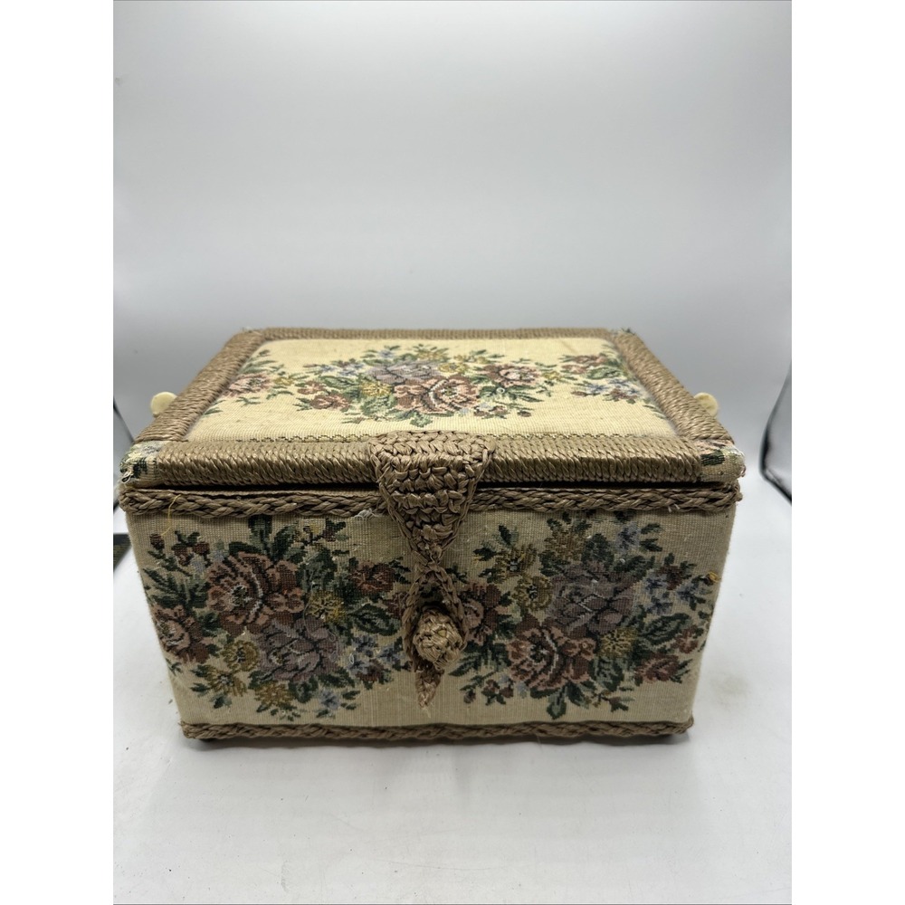 Tapestry Floral Woven  Sewing Basket Box Azar Made In Taiwan  Vintage‎